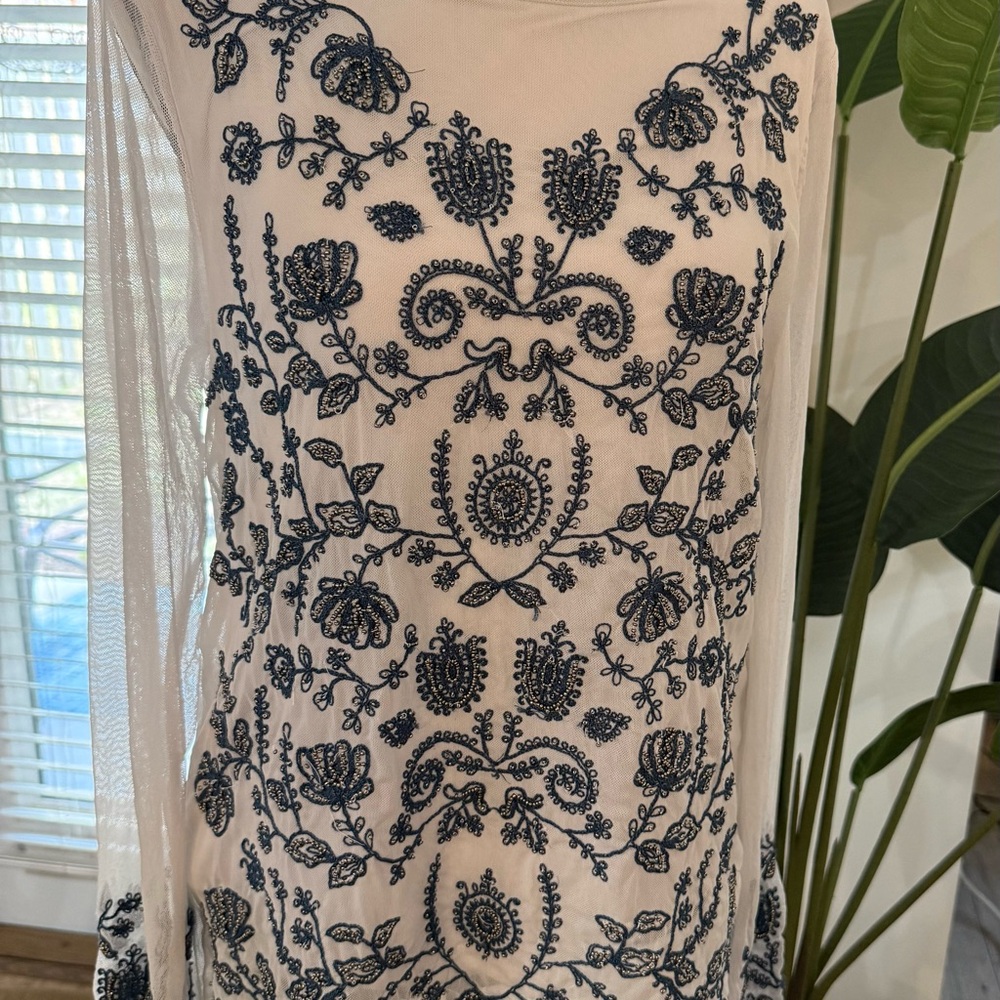 Sundance white and Navy Embroidered Mesh Top